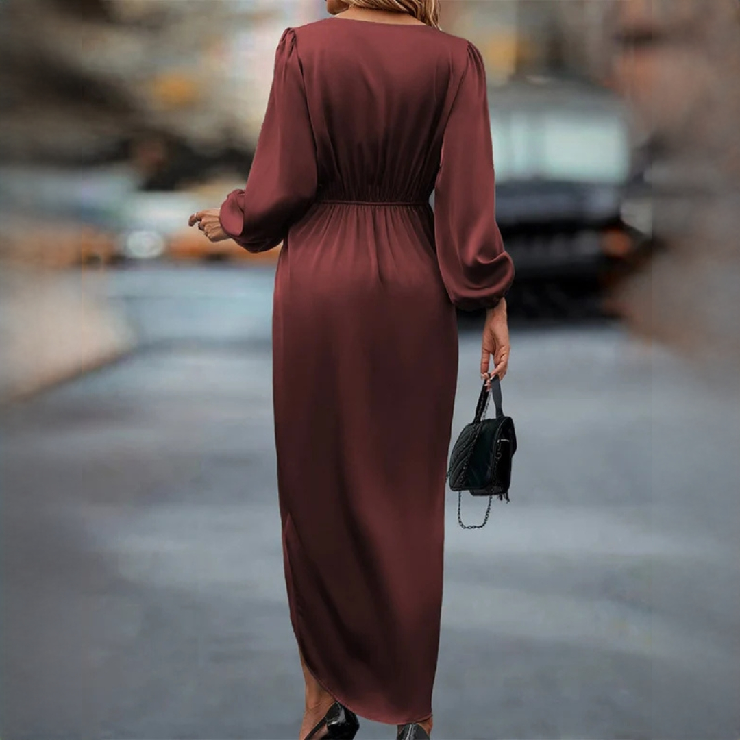 Roupa feminina de moda: vestido elegante com mangas bufantes, decote V, perfeito para festas no outono inverno.