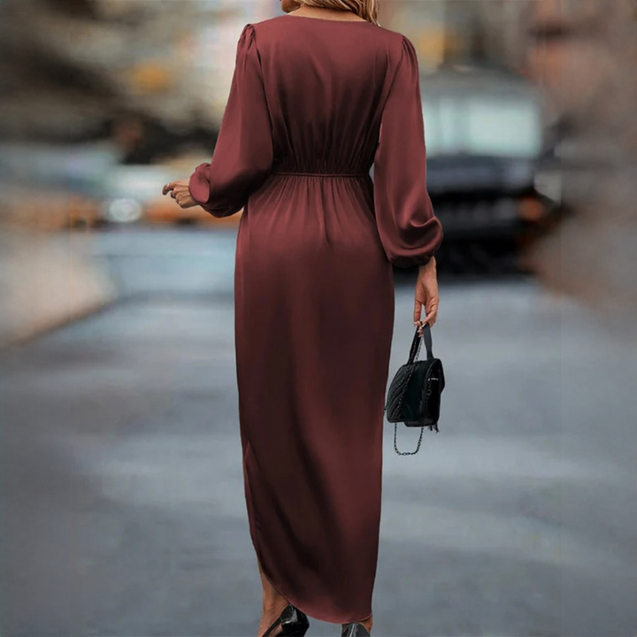Roupa feminina de moda: vestido elegante com mangas bufantes, decote V, perfeito para festas no outono inverno.
