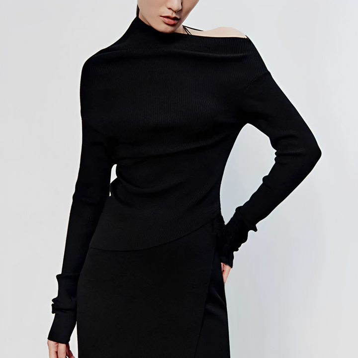 Top feminino elegante assimétrico de manga longa, perfeito para adicionar um toque de moda ao seu guarda-roupa.