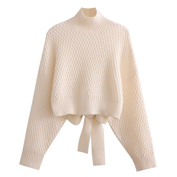 Suéter feminino bege confortável com detalhe de laço nas costas, ideal para a moda inverno e estilo elegante.