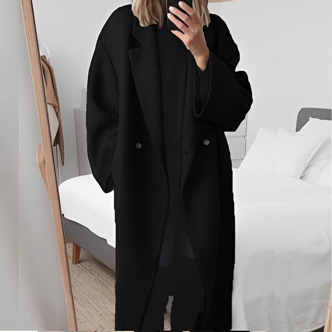 Casaco feminino oversize abotoado, roupa de inverno chic, perfeita para um look elegante e confortável.