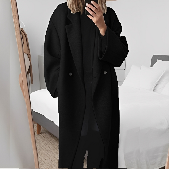 Casaco feminino oversize abotoado, roupa de inverno chic, perfeita para um look elegante e confortável.