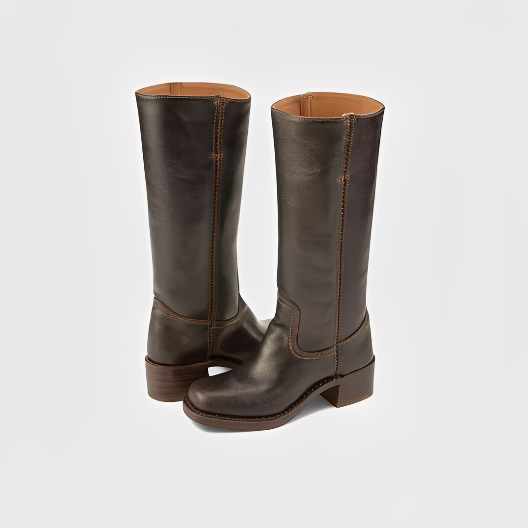 Botas femininas elegantes de salto alto até o joelho. Calçado clássico e confortável para a moda inverno.