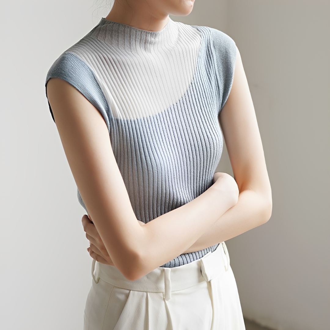 Top feminino sem mangas em patchwork para verão, estilo casual chic. Roupa feminina moderna e confortável.