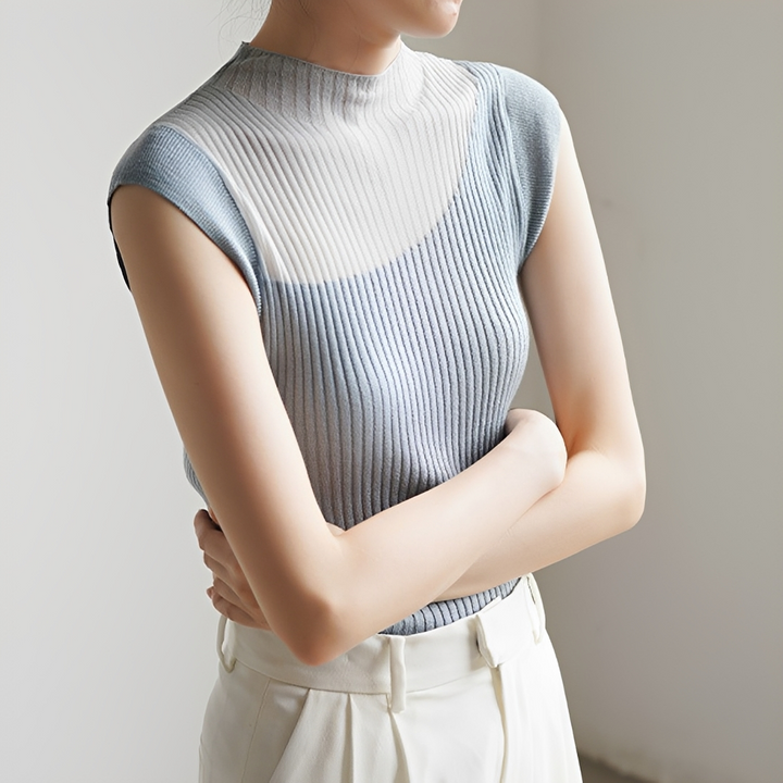 Top feminino sem mangas em patchwork para verão, estilo casual chic. Roupa feminina moderna e confortável.