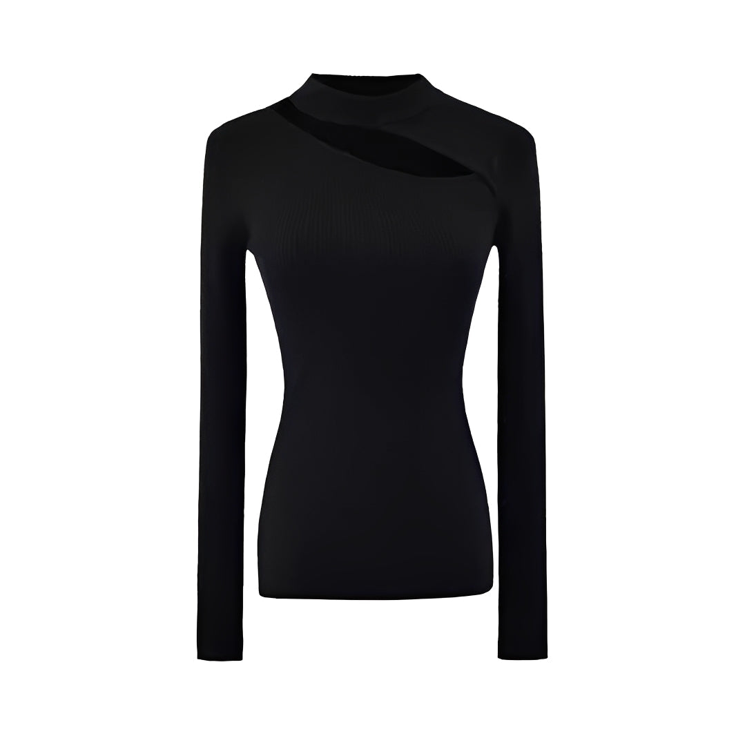 Top feminino Kiarra elegante e assimétrico com gola alta e recorte. Blusa versátil, perfeita para moda casual chic.