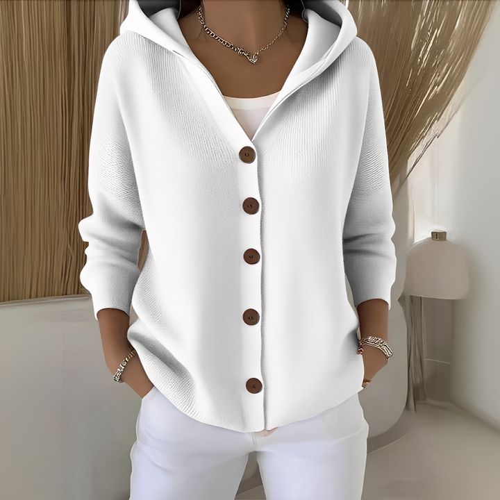 Cardigan feminino casual com capuz, manga longa e caimento versátil para o dia a dia.