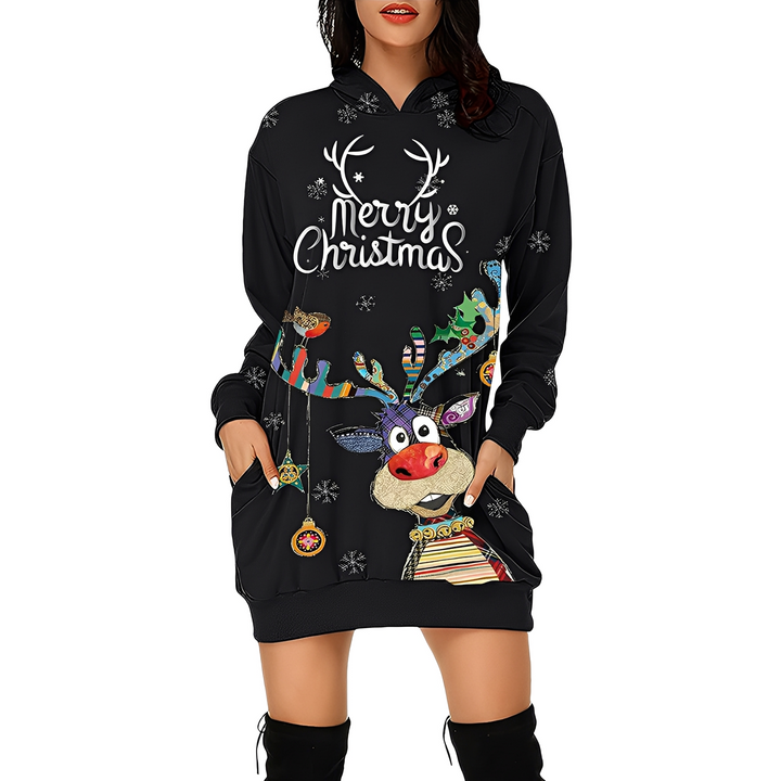 Vestido feminino de Natal com capuz, estampa festiva. Roupa casual e confortável para a temporada de inverno.
