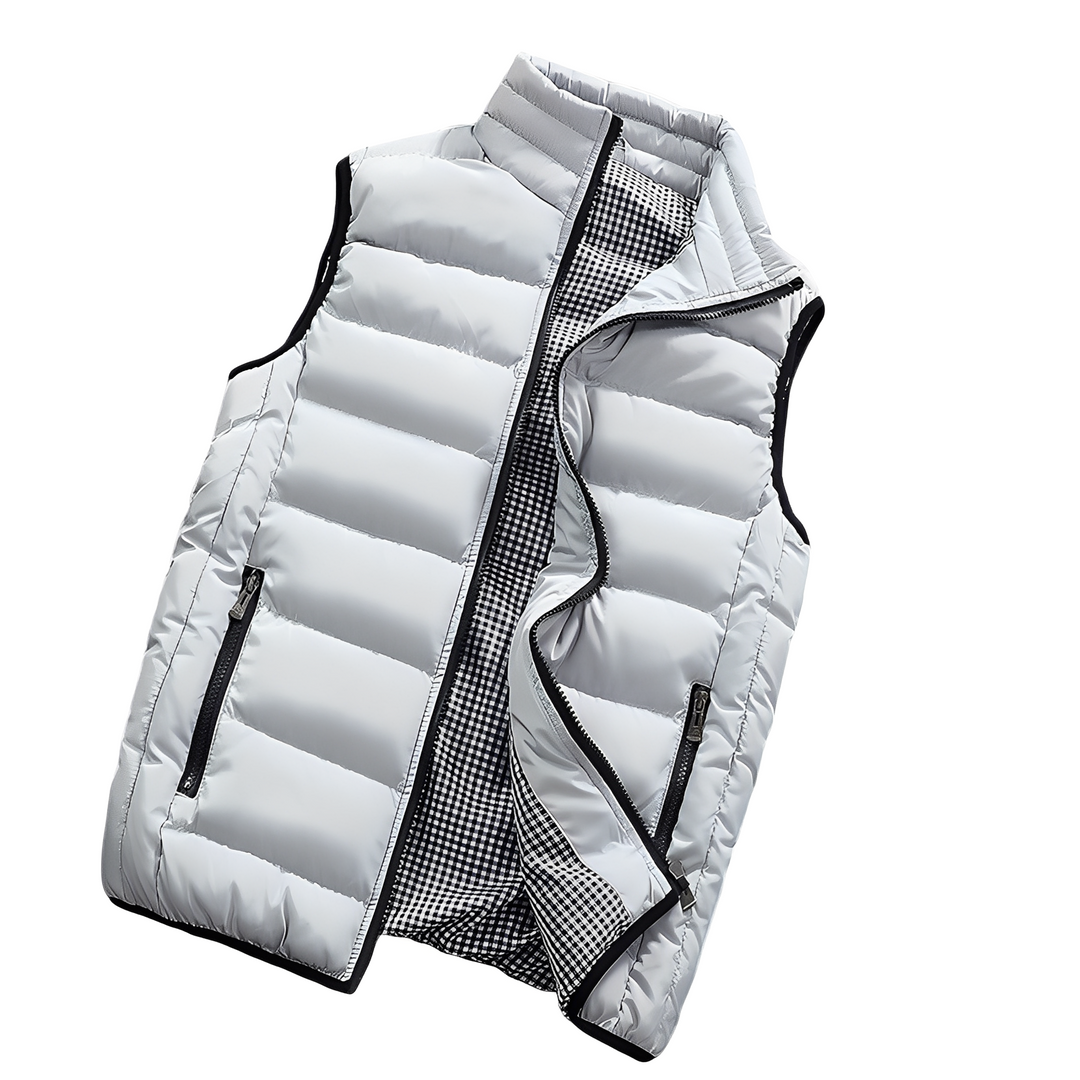 Colete masculino acolchoado leve, perfeito para camadas no outono/inverno, funcional e prático para o uso diário.