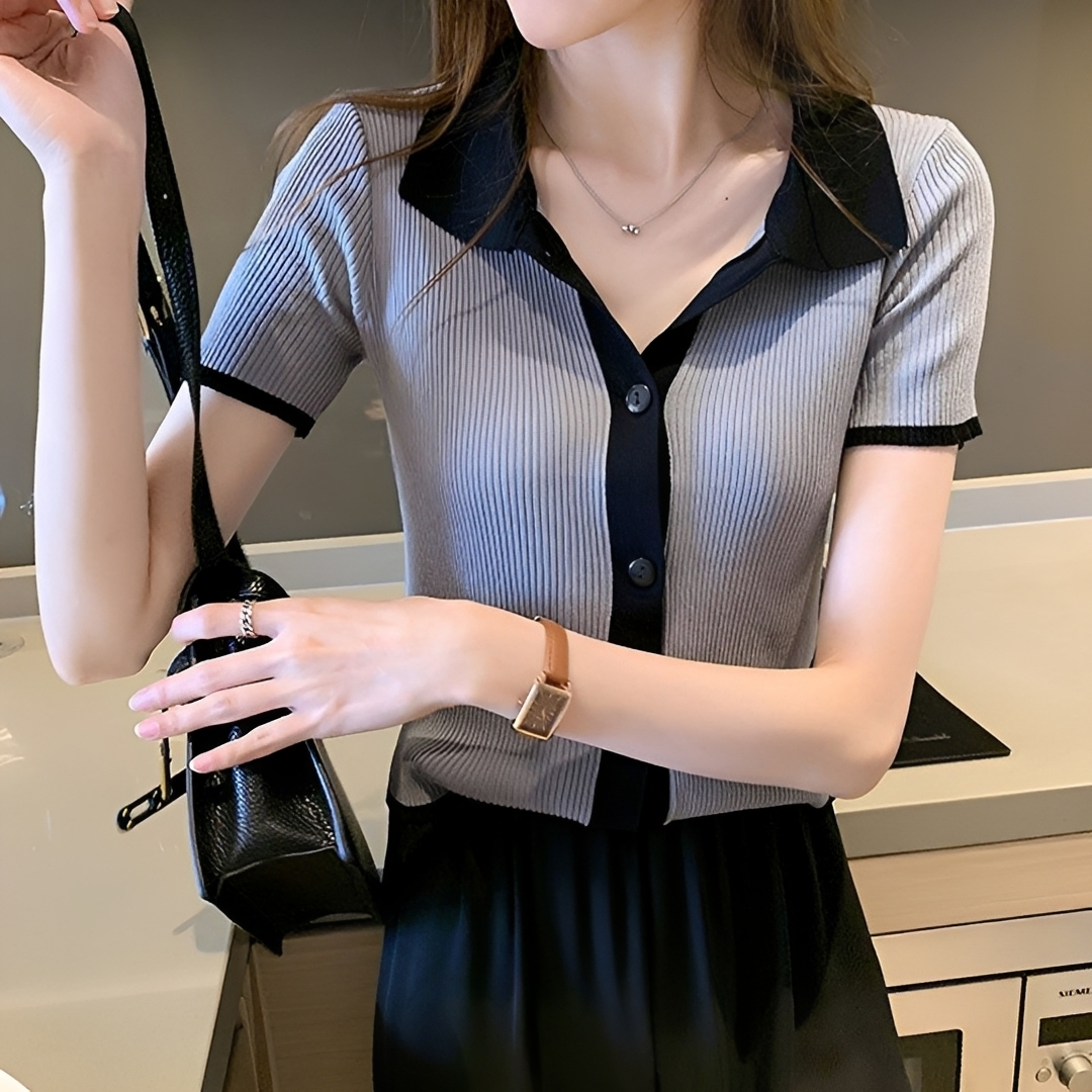 Top feminino casual de verão com colarinho. Blusa elegante e versátil para o dia a dia e roupa de trabalho. Moda feminina.
