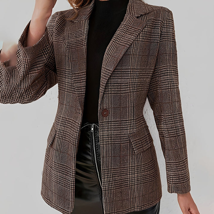 Jaqueta blazer feminino xadrez marrom elegante. Toque sofisticado para moda outono inverno, versátil para trabalho e dia a dia.