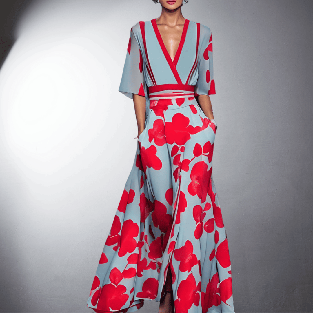 Vestido feminino floral elegante, mangas longas. Roupa versátil para primavera/verão, ideal para festas ou estilo casual.