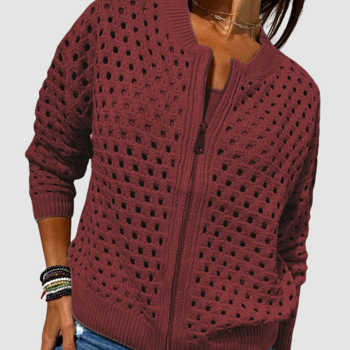 Cárdigan feminino Desiré com zíper, essencial para o guarda-roupa, elegante e confortável para o dia a dia.