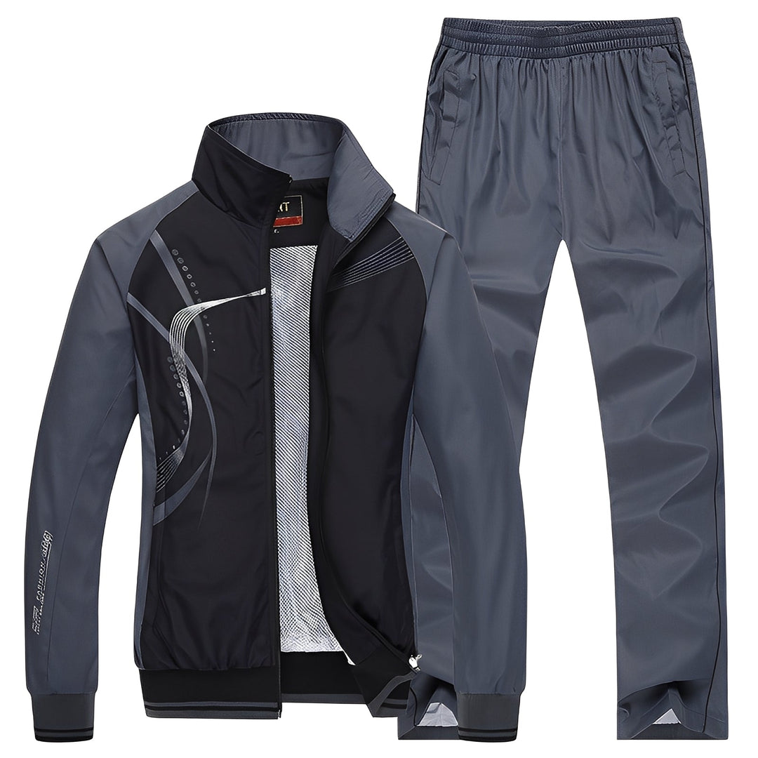 Conjunto de jaqueta e calça masculino para treino ou lazer, combinando conforto e moda homem.