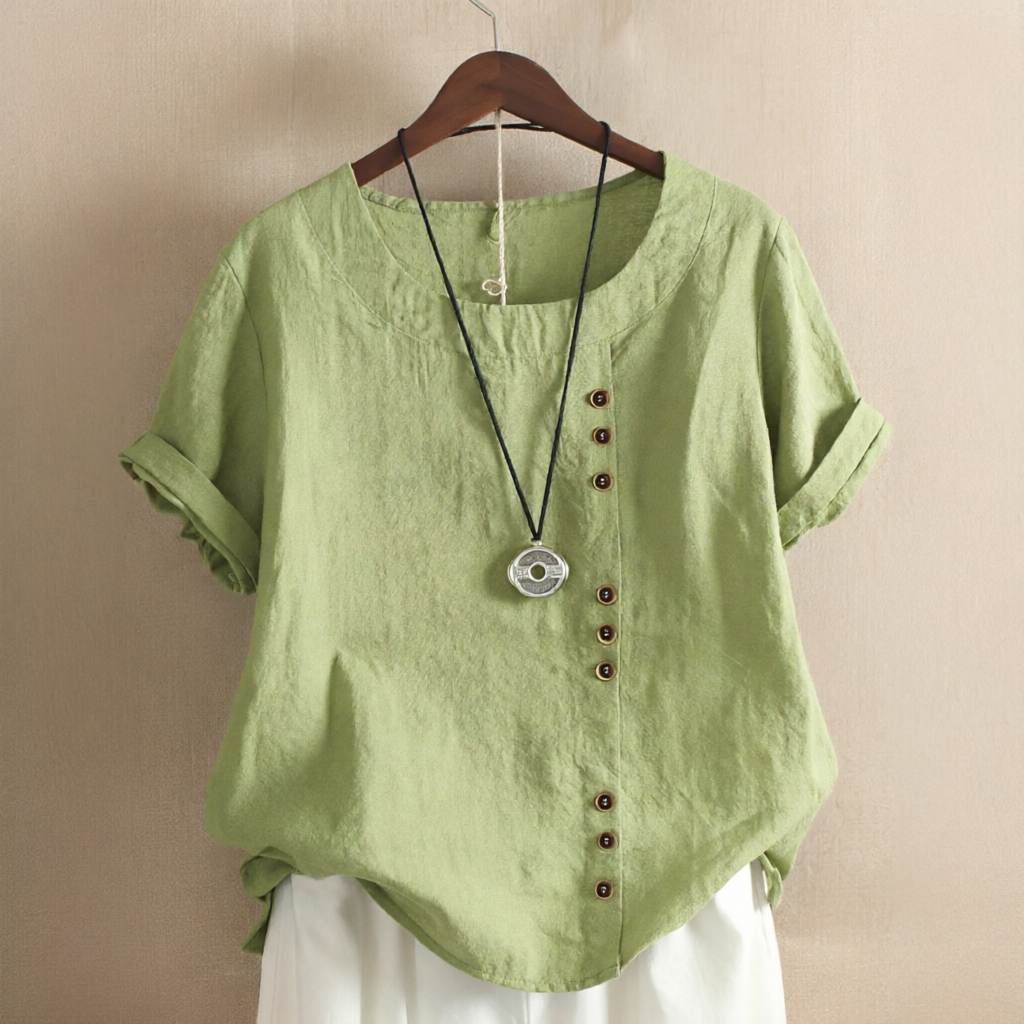 Blusa feminina Noelle de verão, caimento solto com botões, ideal para look casual e elegante.