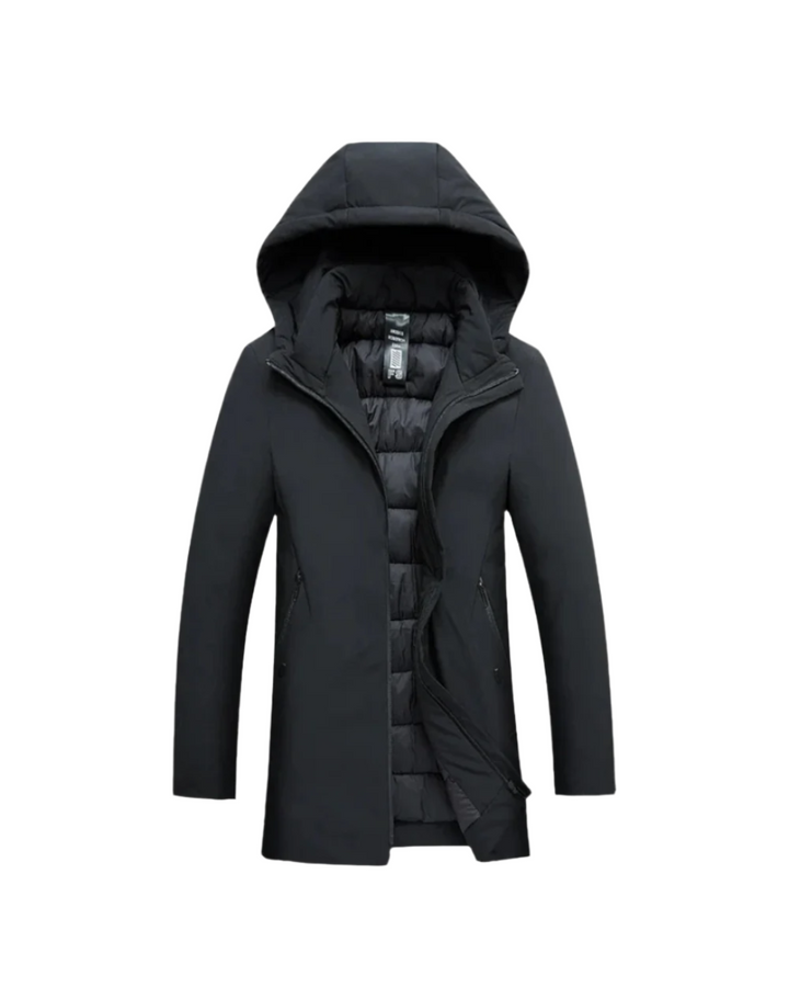 Detalhe do tecido e colarinho do casaco de inverno masculino. Design elegante e versátil. Agasalho premium, moda masculina.