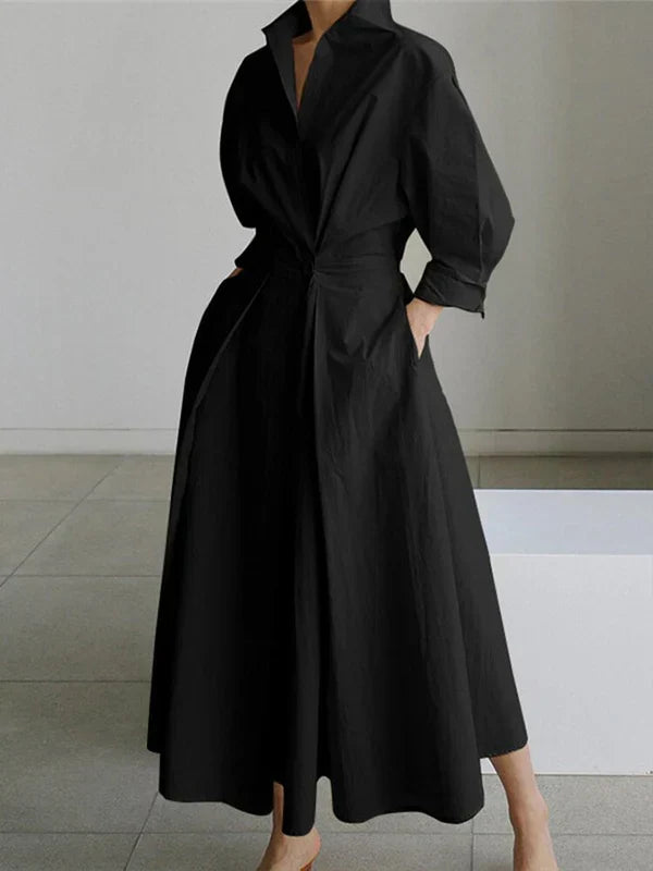 Vestido longo Mathilde feminino em bege, preto ou verde. Elegância casual, conforto e estilo atemporal.