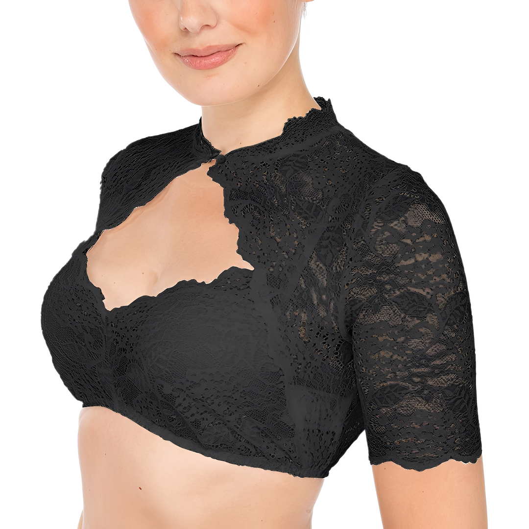 Blusa preta feminina tradicional, ideal para Oktoberfest ou festa temática. Estilo clássico de moda alemã.