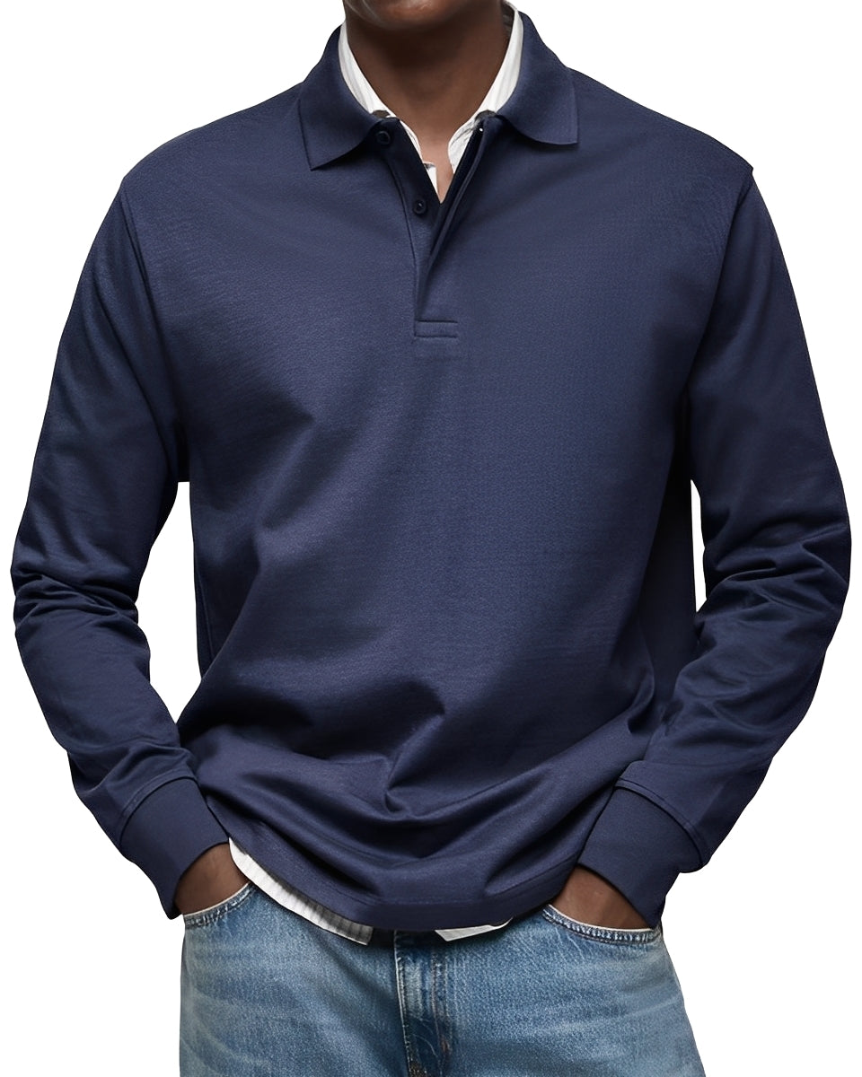 Camisa polo masculina Rowan de manga longa, elegante para looks casuais ou de negócios na moda masculina.