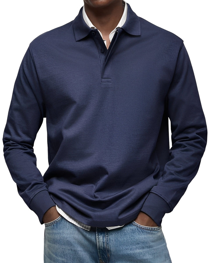 Camisa polo masculina Rowan de manga longa, elegante para looks casuais ou de negócios na moda masculina.