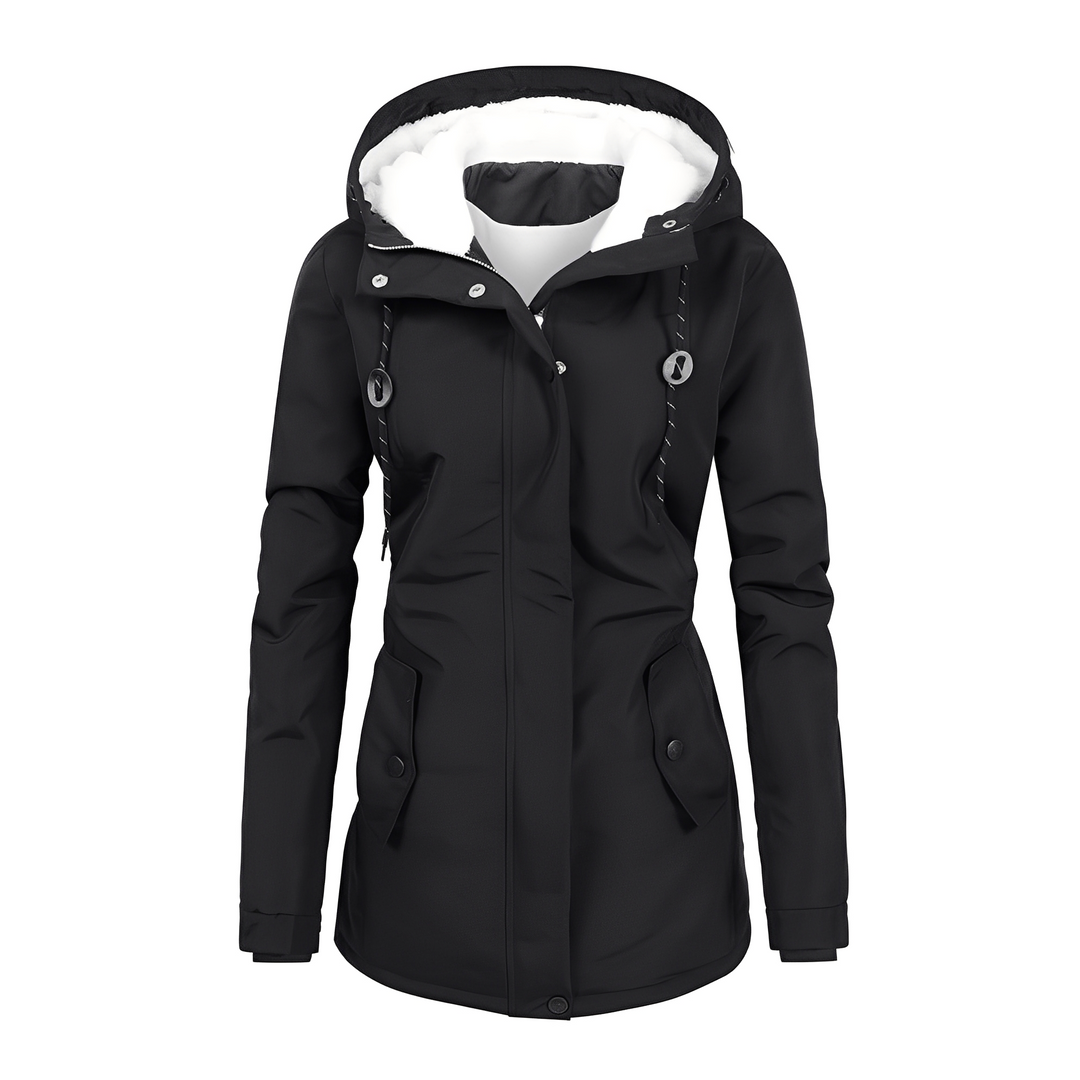 Casaco feminino para o inverno. Jaqueta com capuz que oferece calor e um toque de elegância no frio.
