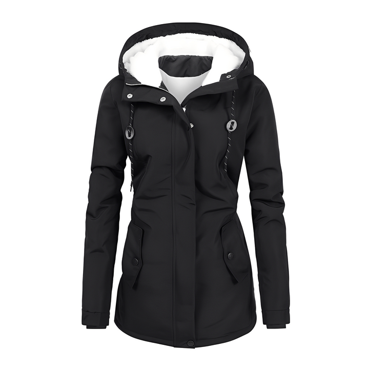 Casaco feminino para o inverno. Jaqueta com capuz que oferece calor e um toque de elegância no frio.