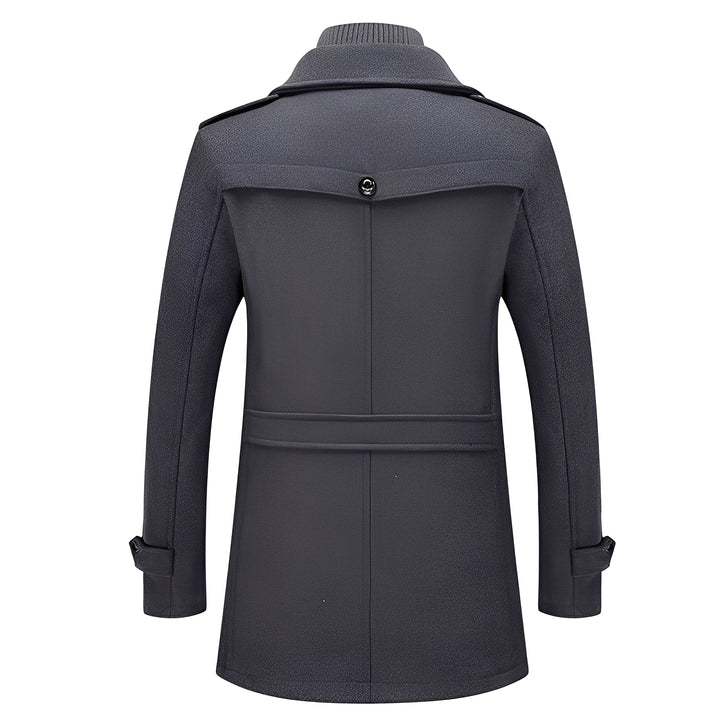 Detalhe do tecido do casaco masculino de inverno, agasalho elegante com textura premium para frio.