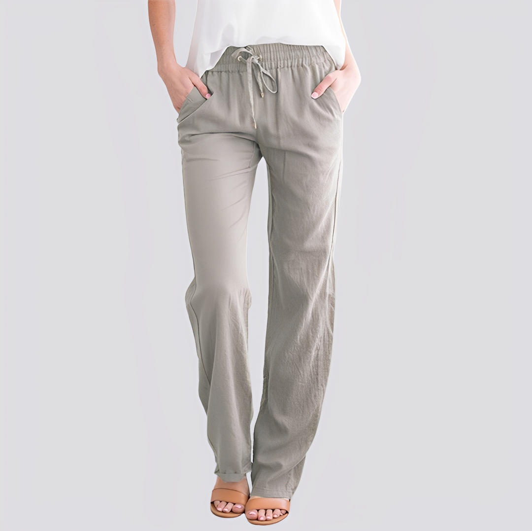 Calça casual feminina confortável com cós elástico para liberdade de movimento e estilo.