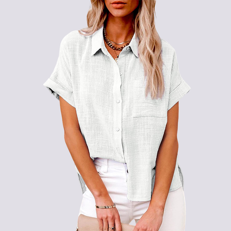 Blusa de manga curta com bolso para mulheres, estilo casual e confortável para o dia a dia de verão.
