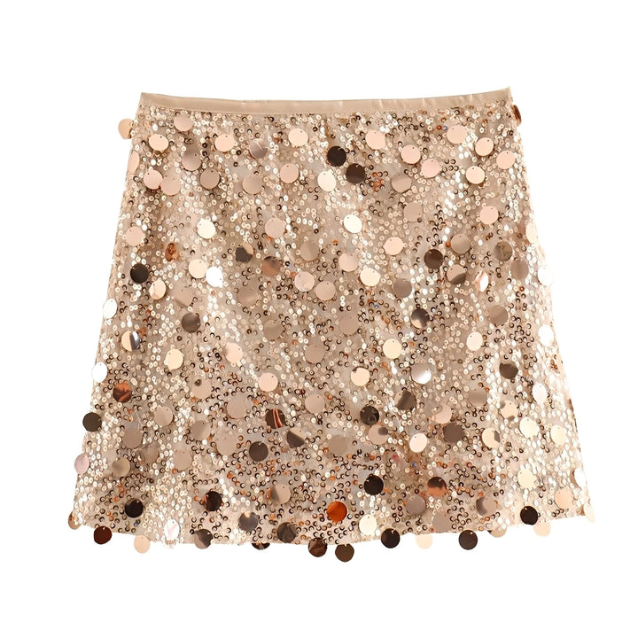 Mini saia feminina elegante com lantejoulas prateadas, perfeita para festas e brilhar na moda.