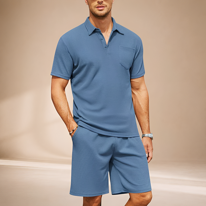 Roupa de homem casual: conjunto polo waffle, oferecendo máximo conforto e toque suave para o estilo de verão.