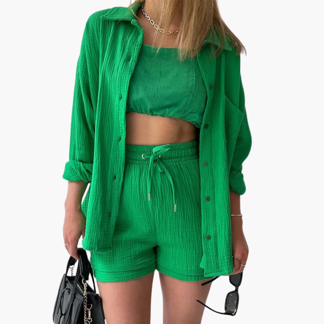 Conjunto Aurélie feminino, roupa de verão com caimento leve e toque sofisticado casual.