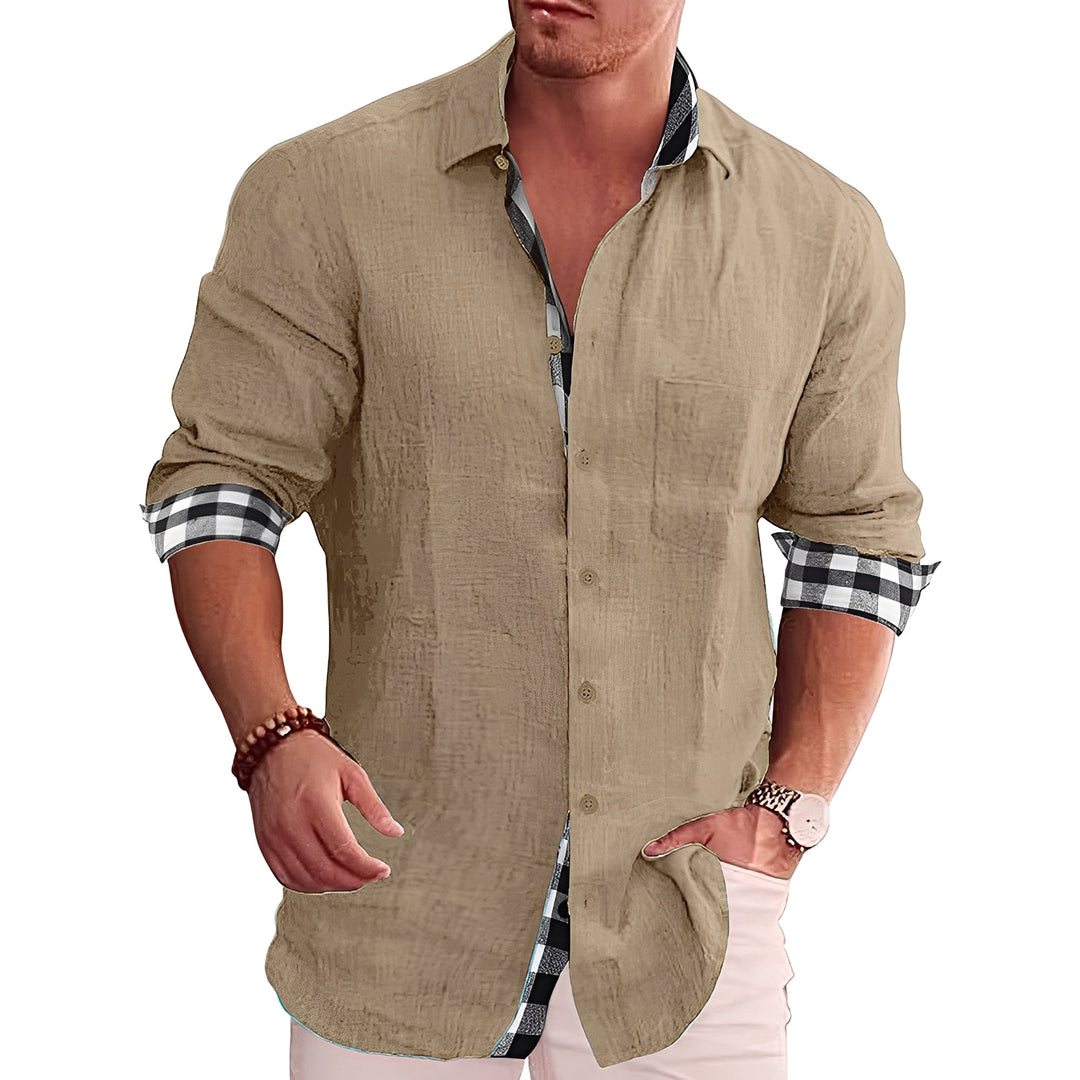 Camisa masculina xadrez casual de manga longa, ideal para outono/inverno, combinando conforto e estilo moderno.