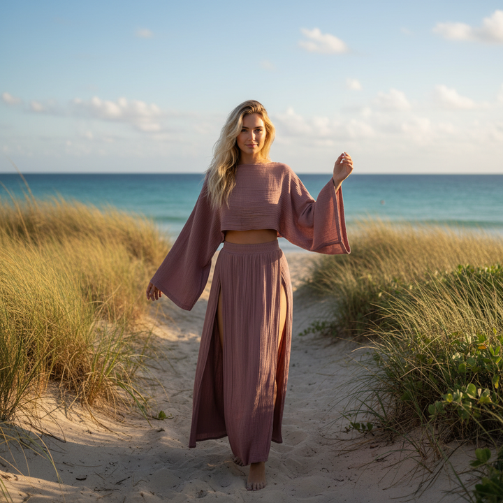 Conjunto feminino boêmio de saia midi e top cropped para verão. Roupa casual e elegante de duas peças.