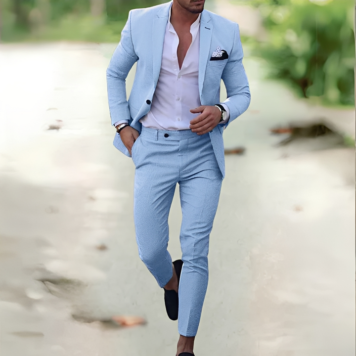 Conjunto social masculino versátil de calça e blazer. Roupa elegante para reuniões, casamentos e trabalho.