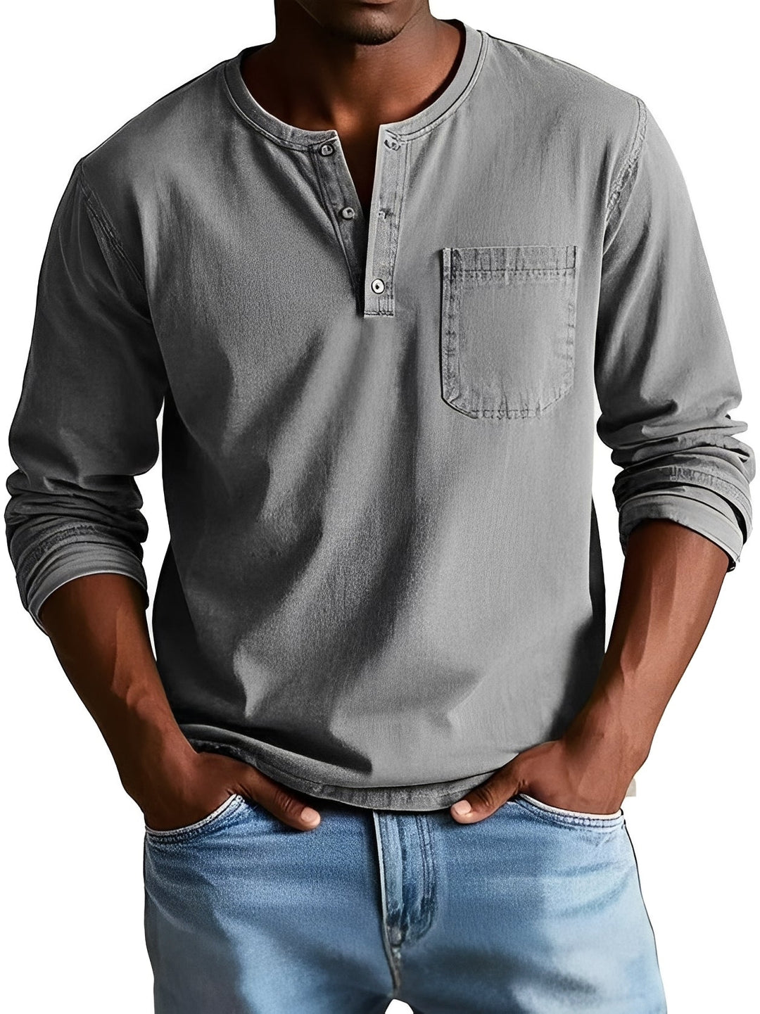Homem veste camisa masculina casual de manga longa, exalando estilo e conforto, ótima para outono.