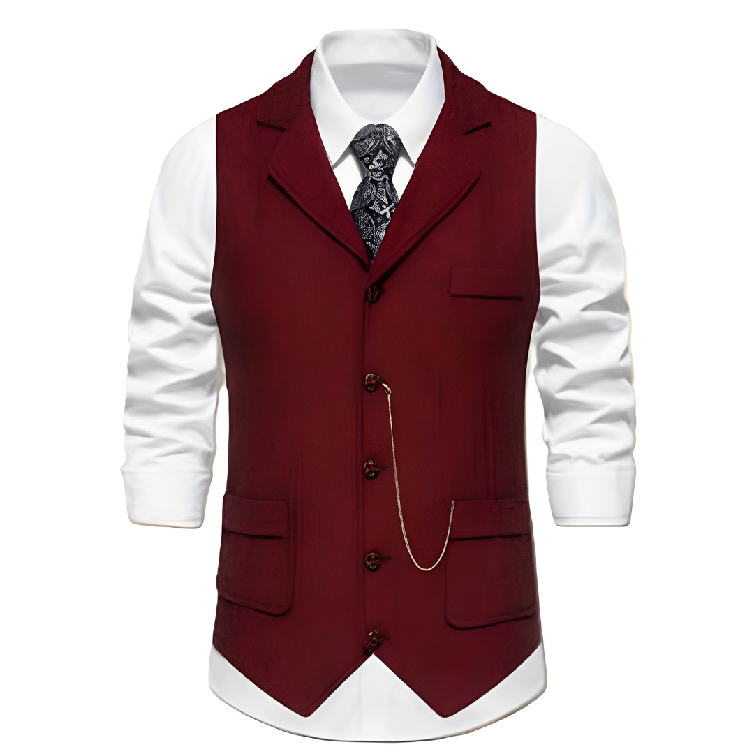 Colete masculino Luther com padrão espinha de peixe. Peça clássica para moda masculina outono/inverno e look elegante.
