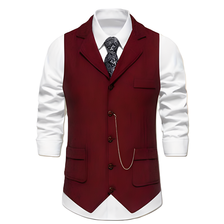 Colete masculino Luther com padrão espinha de peixe. Peça clássica para moda masculina outono/inverno e look elegante.