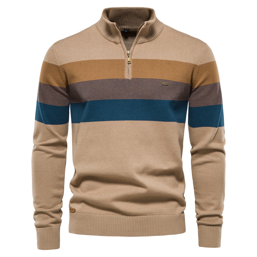 Camisola masculina listrada elegante com zíper na gola, perfeita para o outono/inverno, combinando conforto e estilo casual.