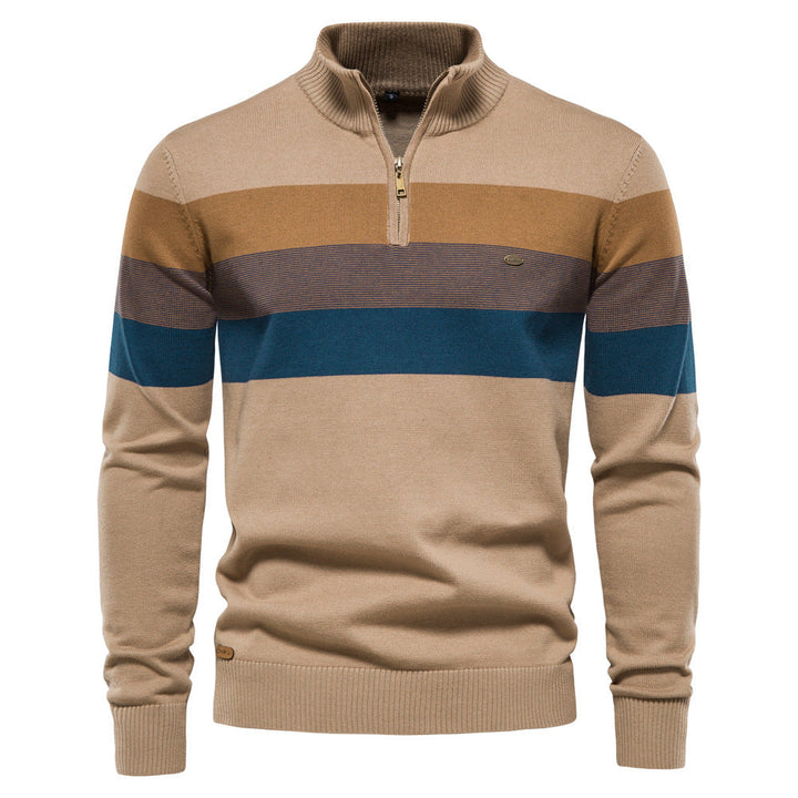 Camisola masculina listrada elegante com zíper na gola, perfeita para o outono/inverno, combinando conforto e estilo casual.