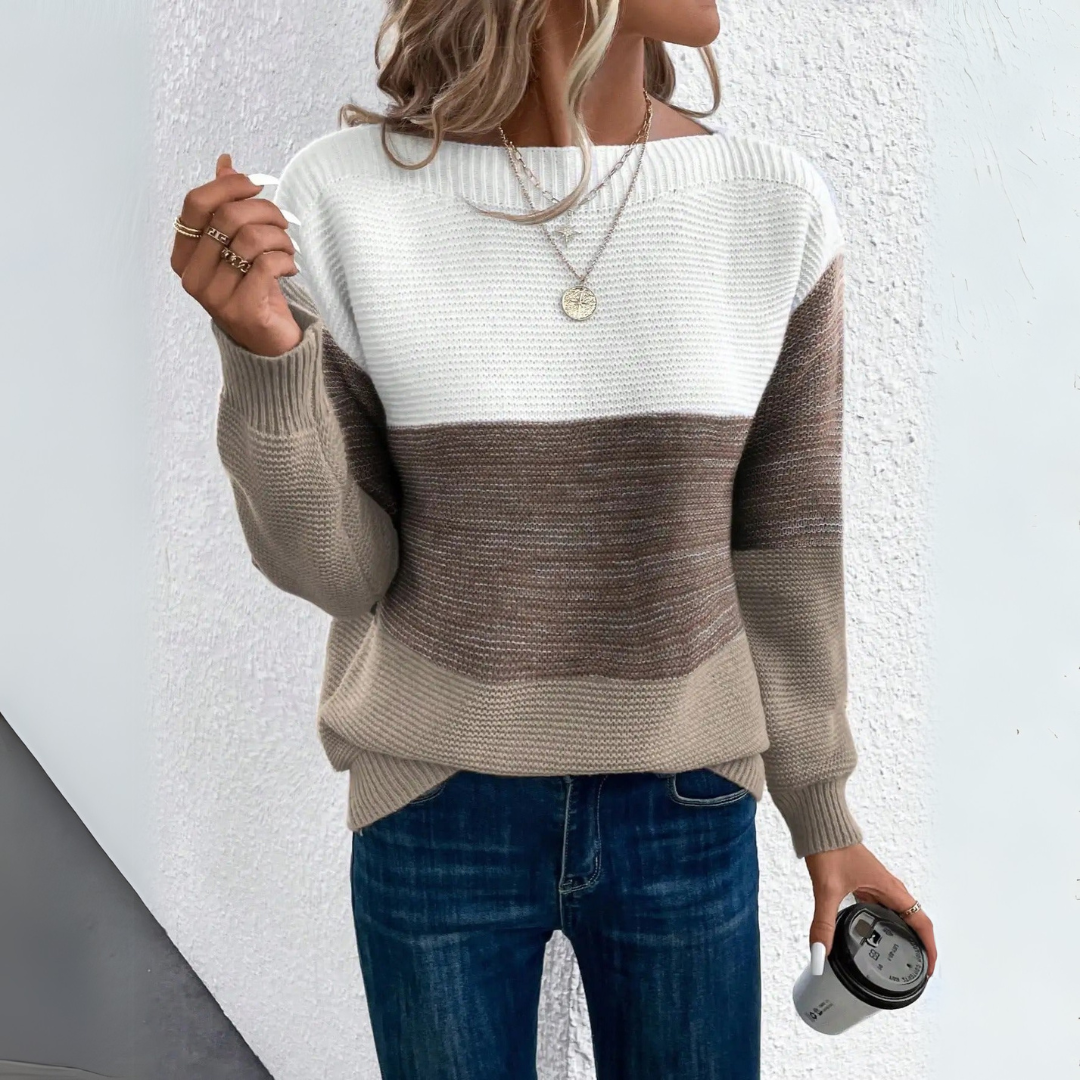Blusa de frio feminina tricolor patchwork, ideal para inverno. Suéter quente, confortável e versátil com estilo casual.