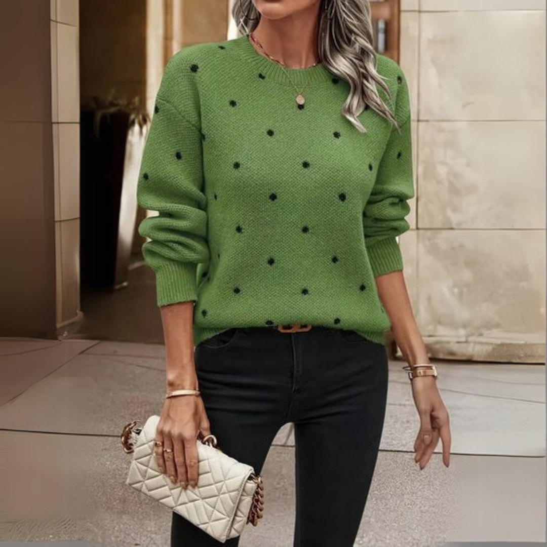 Roupa feminina: Suéter elegante de manga comprida com estampa de bolinhas, ideal para um look casual de inverno.