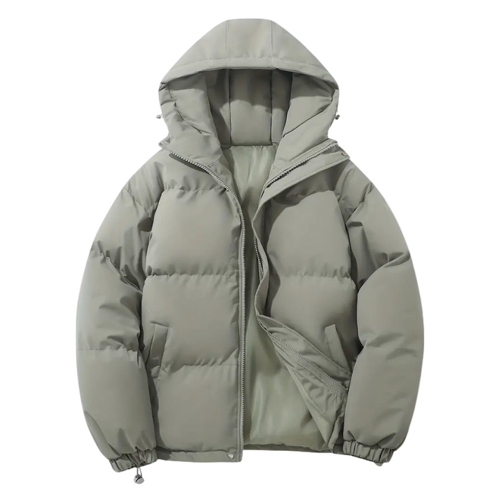 Modelo vestindo jaqueta puffer masculina Lennard. Estilo casual e esportivo para o inverno.
