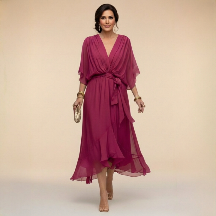 Vestido elegante feminino com decote em V profundo. Ideal para festas e eventos casuais. Moda.