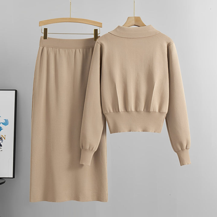 Conjunto coordenado feminino de cardigã e saia midi, ideal para outono/inverno. Roupa casual e elegante.