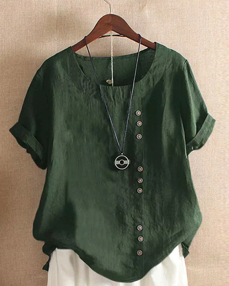 Blusa feminina casual com gola redonda e manga curta, para conforto e estilo no verão. Várias cores.
