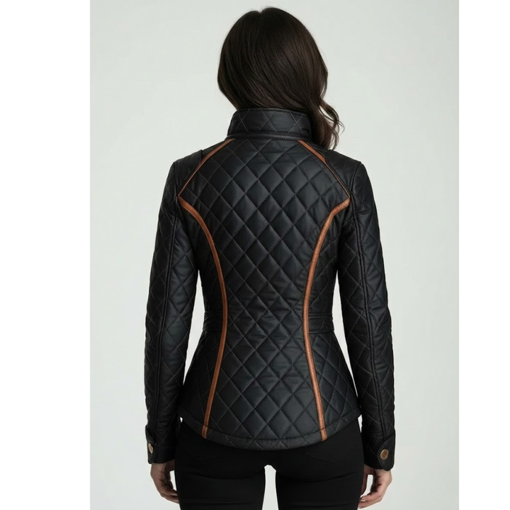 Agasalho feminino preto versátil matelassê, com zíper, para outono/inverno, combinando conforto e moda feminina.