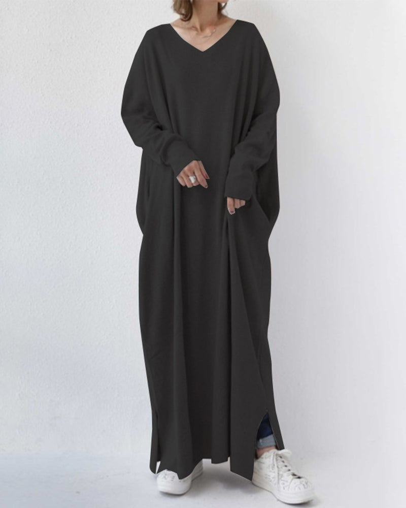 Vestido longo feminino de festa para inverno, elegante, com mangas compridas e caimento impecável. Moda feminina.