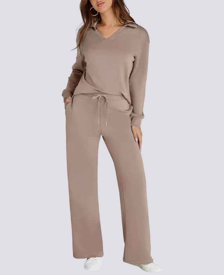 Conjunto casual feminino versátil para o dia a dia. Decote V e cós elástico, perfeito para o verão e primavera.
