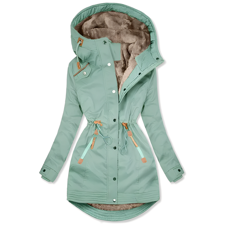 Casaco feminino elegante e quente com capuz, ideal para inverno. Disponível em verde, azul e preto. Proteção e moda.